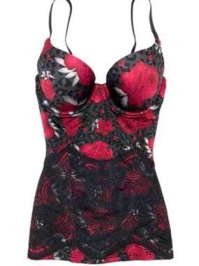 Flexees Black Lace Shaping Camisole with Red Floral Accents